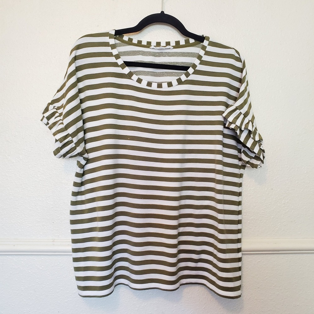Jane + Delancey Olive Green White Striped Ruffle Sleeve Knit Top XL